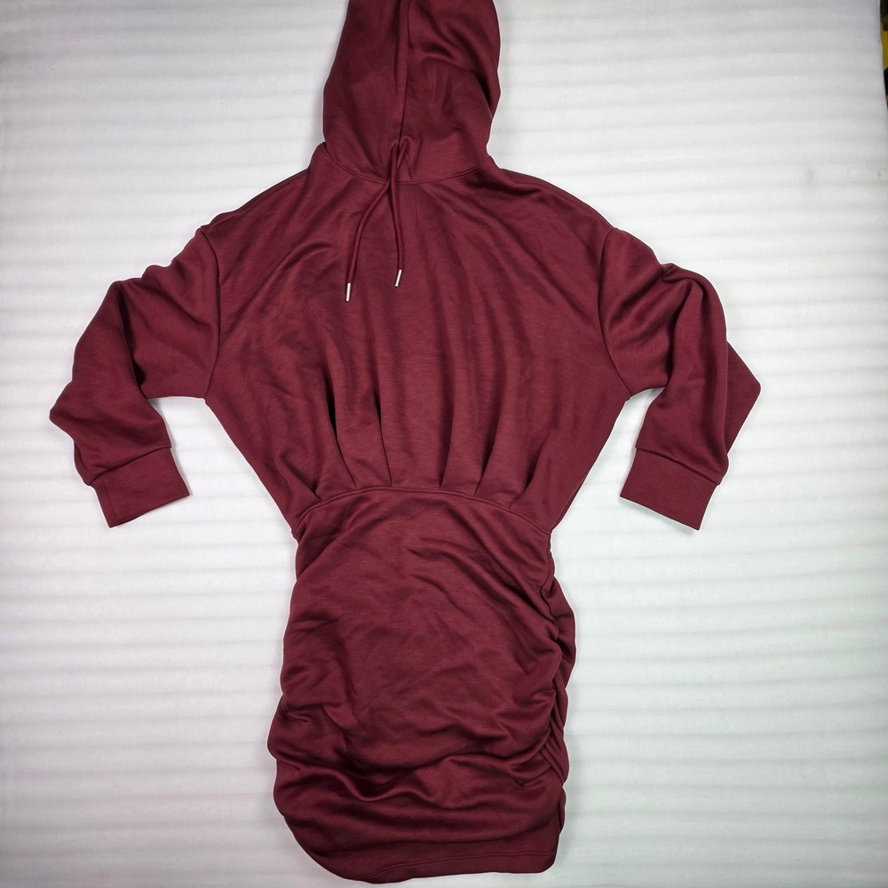 Halara Womens Burgundy Hooded Ruched Dress Size M Long Sleeve Pleated Wine